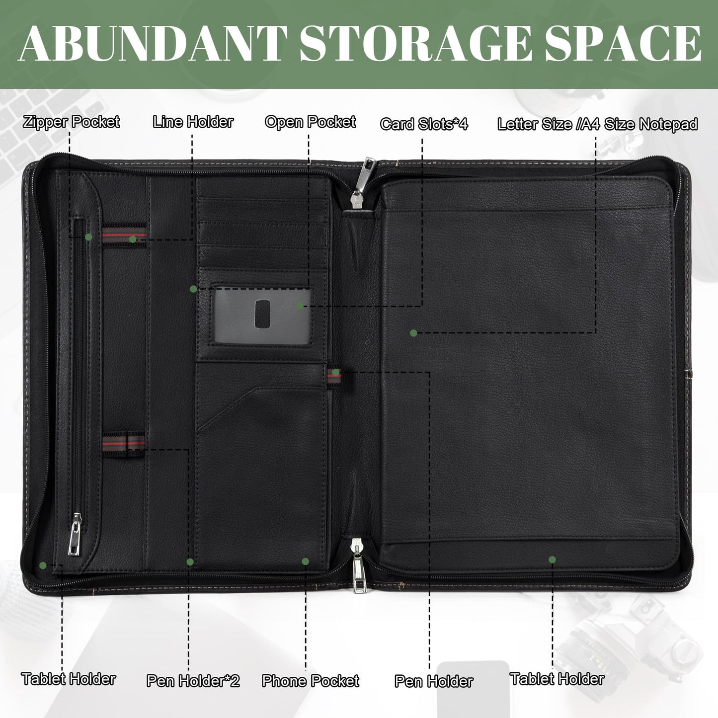 Calfinder conference folder A4 leather with zipper 12.9 inch tablet bag genuine cowhide premium handmade leather portfolio, padfolio, leather folder, document holder, business portfolio, file folder.