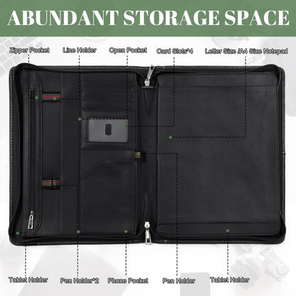 Calfinder conference folder A4 leather with zipper 12.9 inch tablet bag genuine cowhide premium handmade leather portfolio, padfolio, leather folder, document holder, business portfolio, file folder.