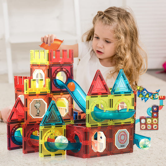 Jvchengxi Magnetic Building Blocks, 75 Pieces STEM Construction Tile Magnet Blocks Marble Run Set Montessori Building Blocks Learning Toy Everyday Building Toy for 3-12 Year Old Boys Girls Gift
