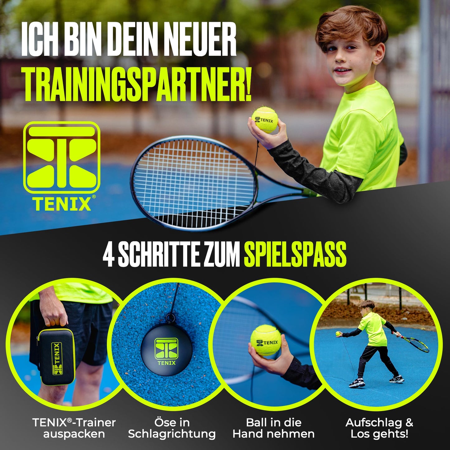TENIX® Tennis Trainer Set [with Power-Grip System] Tennis training device for kids & adults | Play tennis alone in the yard, park, or tennis court | Get your self-trainer now!