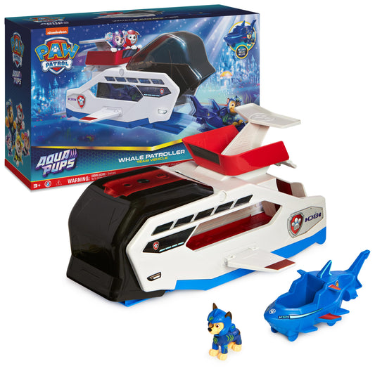 PAW Patrol, Aqua Pups - Whale Patroller, team vehicle featuring Chase's base vehicle and puppy figure, launcher for base vehicle, suitable for children aged 3 years and up.
