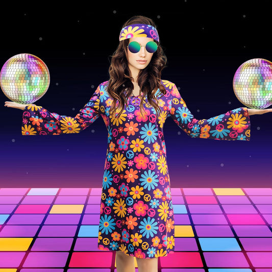 MRYUWB Women's Hippie Dress, 1970s Costume, with Necklace, Earrings, Sunglasses, Disco Outfit, 1960s Party Costume, Halloween Retro Dress, Purple, XXL.