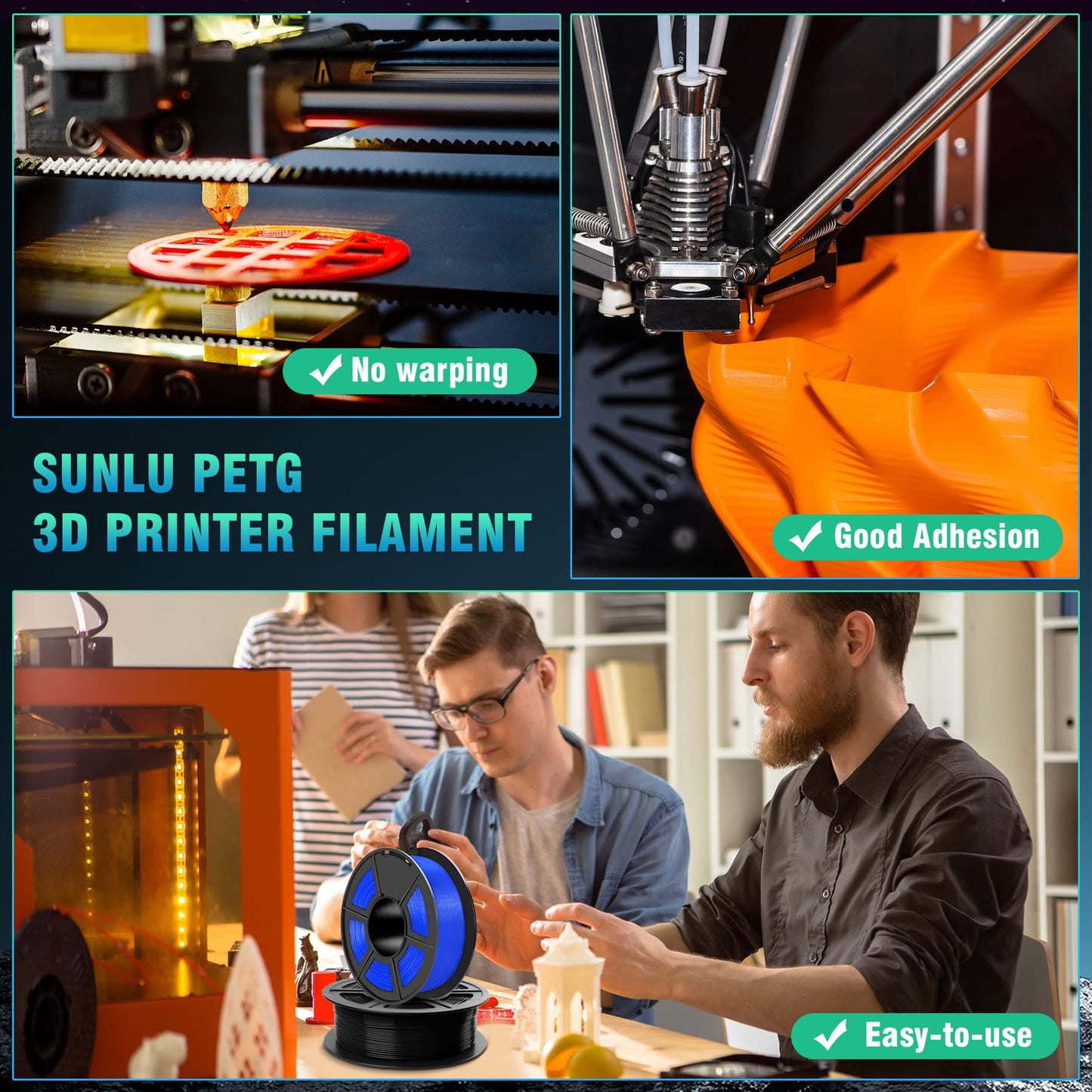 SUNLU PETG Filament 1.75mm, Neatly Wound Filament, durable PETG filament for 3D printers, Dimensional accuracy +/- 0.02mm, 3 kg (6.6 lbs), Black + Black
