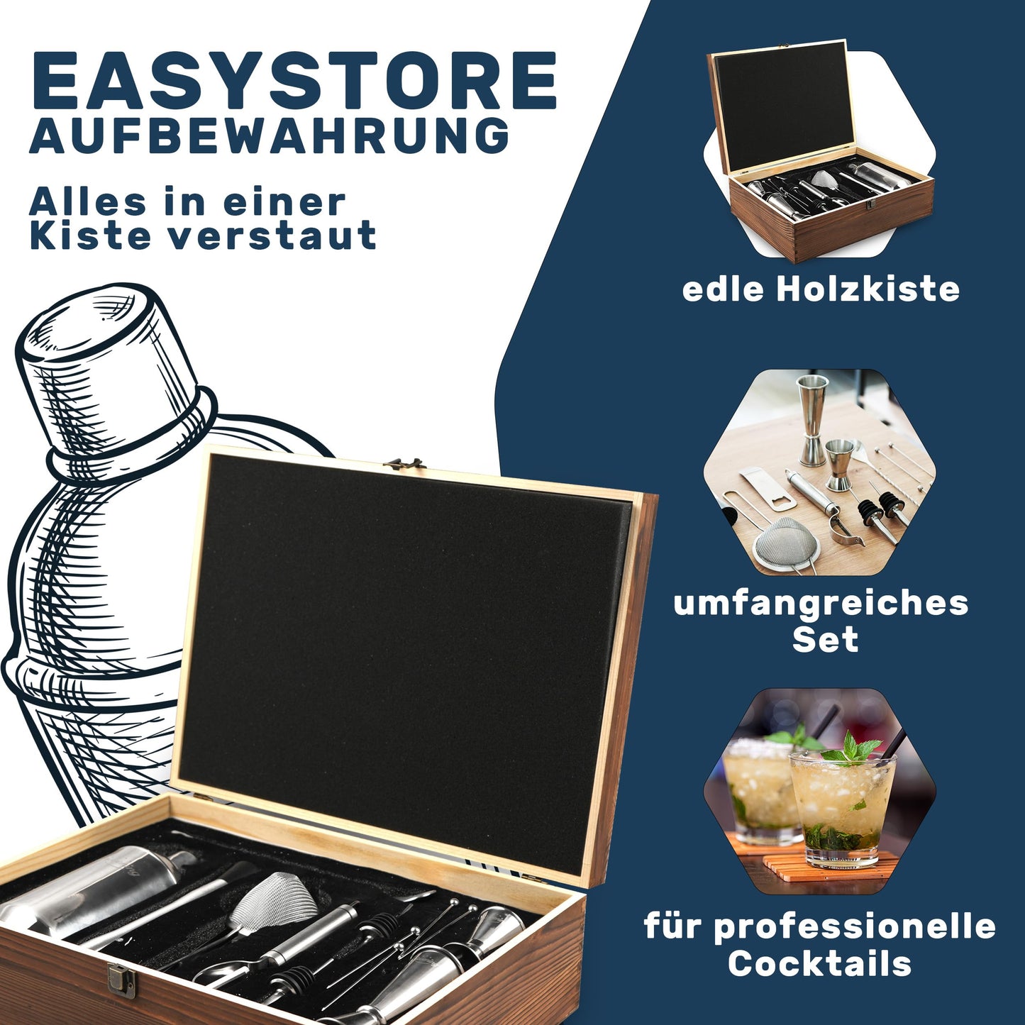Grevening® [AWARD WINNER] 16-piece Stainless Steel Cocktail Shaker Set in a practical and elegant wooden box, great gift packaging with recipe book for beginners and professional bartenders, 304 Premium Stainless Steel
