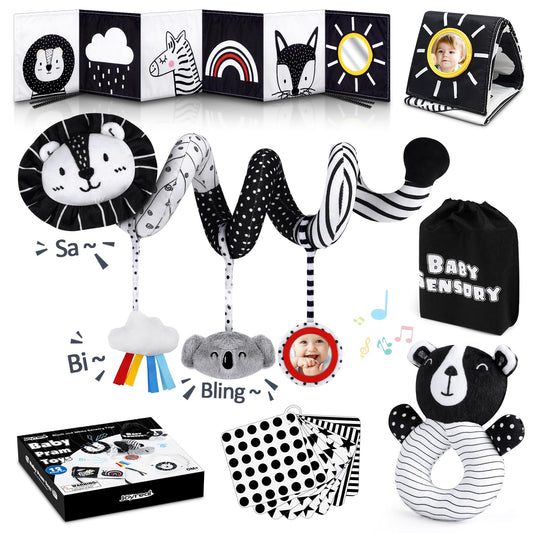 Joyreal Stroller Toy - Black White Toy Fabric Book, Contrast Book Baby, Contrast Cards Baby, Sensory Contrast Toy, Newborn