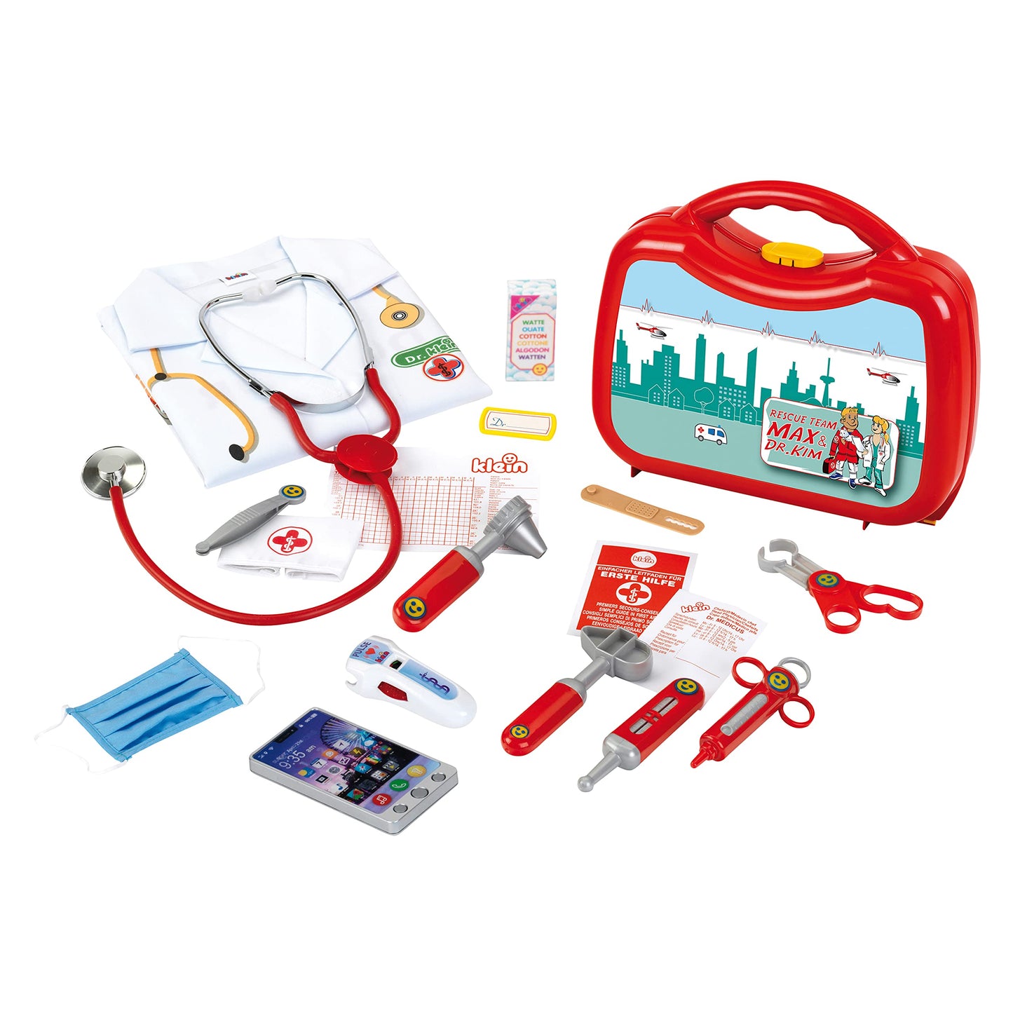 Theo Klein 4340 Doctor's Kit Deluxe I Includes doctor's costume with cap and face mask, metal stethoscope, smartphone with sound, pulse meter, and various accessories I Toy for children aged 3 years and older