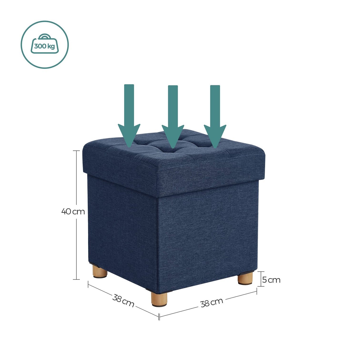 SONGMICS Storage Ottoman, Small Folding Bench, 38 x 38 cm Footrest, Storage Box, Holds up to 300 kg, for Living Room Bedroom Dorm, Midnight Blue LSF14IN