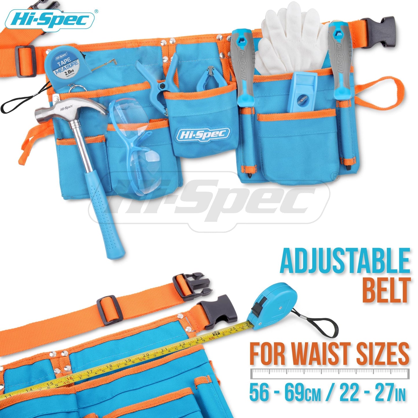 Hi-Spec 16pc Children's Tool Belt - Real tools in the set including screwdriver, level, work gloves, hammer, and safety glasses.