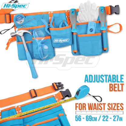 Hi-Spec 16pc Children's Tool Belt - Real tools in the set including screwdriver, level, work gloves, hammer, and safety glasses.