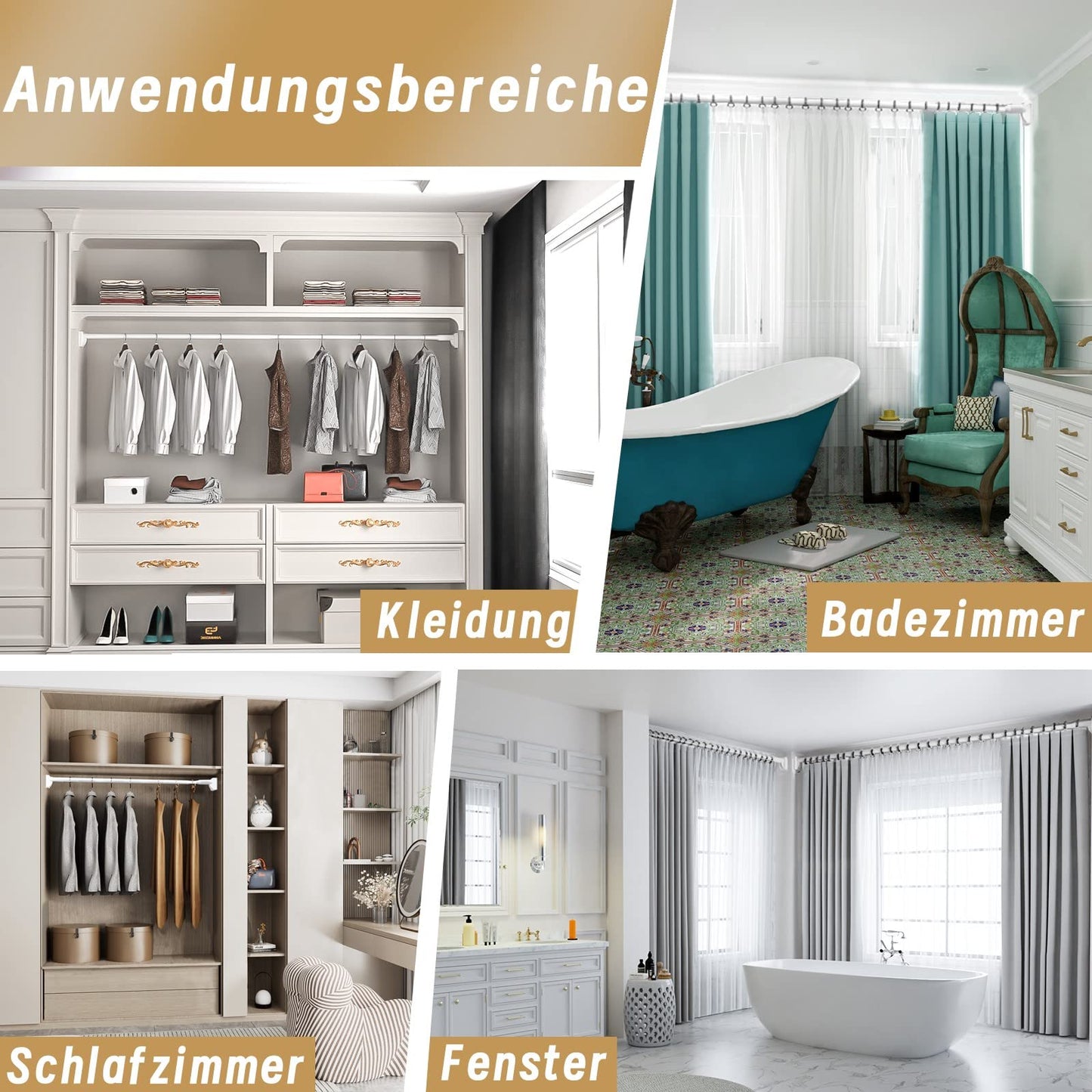 Extra strong telescopic rod with screw tension - curtain rod & clothes rail without drilling, 75-120 cm, Ø33 mm, holds up to 85 kg, for curtains, clothing, bathrooms, closets, niches, windows & doors.