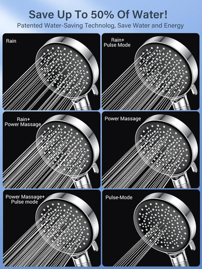 Showerhead Water-saving 7.5L/min, YEAUPE water-saving showerhead with filter, rain shower head pressure boosting, with 6 spray modes, chrome & GRIFEMA G851-18 anti-twist shower hose, 1.8m