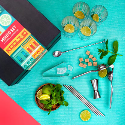 Mojito Glass Set Cocktail Gift Set, Gift Cocktails Glass 4 Piece Set Accessories Lemon Squeezer, 4 Stainless Steel Straws Measuring Cup Spoon Gift Box, Gifts for Women Men