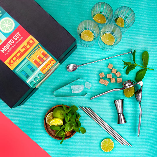 Mojito Glass Set Cocktail Gift Set, Gift Cocktails Glass 4 Piece Set Accessories Lemon Squeezer, 4 Stainless Steel Straws Measuring Cup Spoon Gift Box, Gifts for Women Men