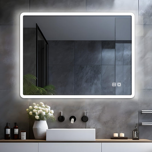 LISA LED bathroom mirror with lighting 60x50 cm, large bathroom mirror with touch dimmable warm white/cold white light. Anti-fog wall mirror for bathroom, toilet, hallway. Rounded corners.
