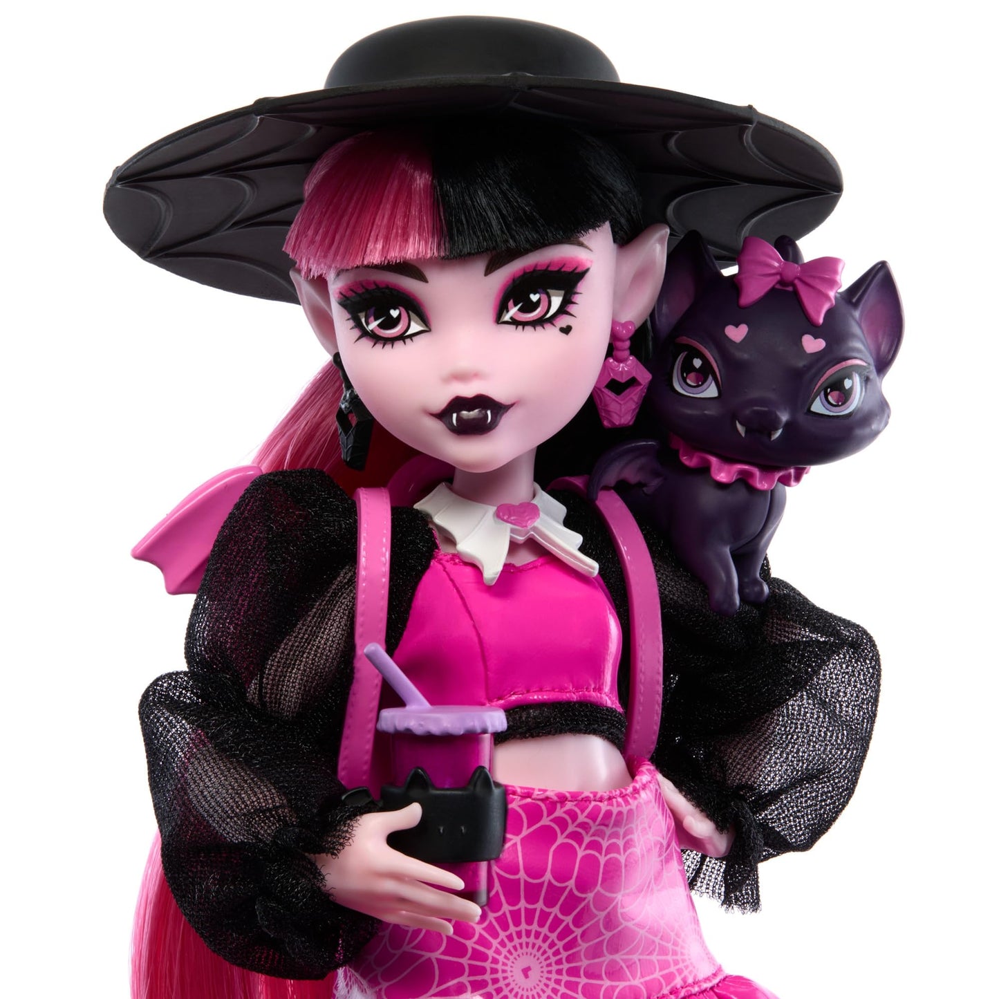 Monster High Draculaura doll with her pet, the bat cat Count Fabulous, and accessories like backpack, spellbook, bento box, and more, HRP64