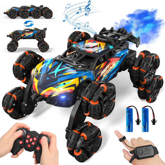 AYIQUTY Remote Control Car, Remote Control Car for 3 4 5 6 7 8 9 10 years old, 8WD Stunt and Hand Control, RC Drift with LED Light, Music, and Spray, RC Toy Gift for 3-12 years old boys