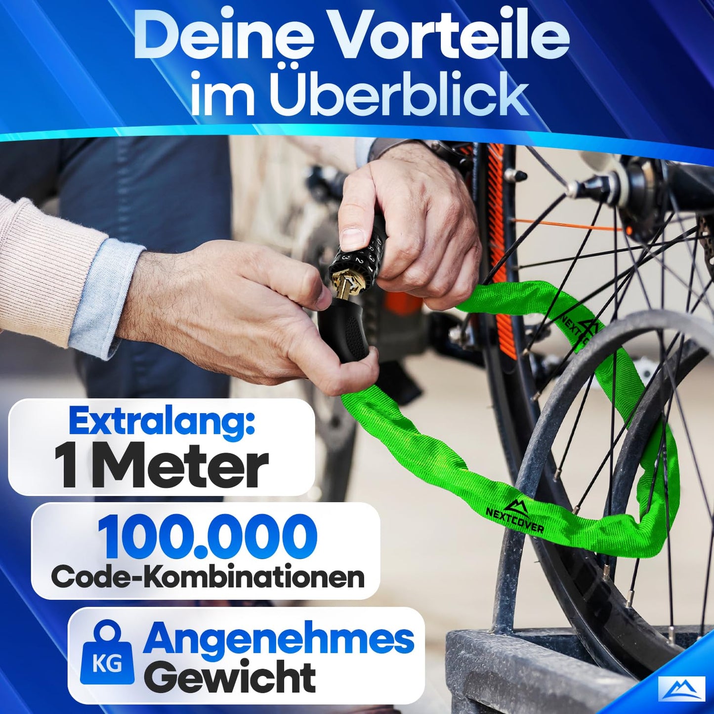 NEXTCOVER® Bike Lock with Combination - The Original - [SAFESECURE] high security I 5-digit combination code, bike chain lock steel I Lock for E-Bike I Chain lock