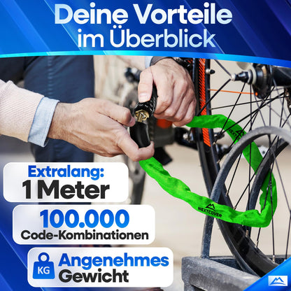 NEXTCOVER® Bike Lock with Combination - The Original - [SAFESECURE] high security I 5-digit combination code, bike chain lock steel I Lock for E-Bike I Chain lock