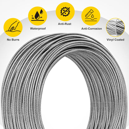 UPDOKIT 62pcs Stainless Steel Wire Rope Set, 50m Wire Rope for climbing plants, 2mm Steel Rope Coated Set with eyes, Rope Tensioner, Wire Rope Clamp for trellis, fences, and DIY projects.