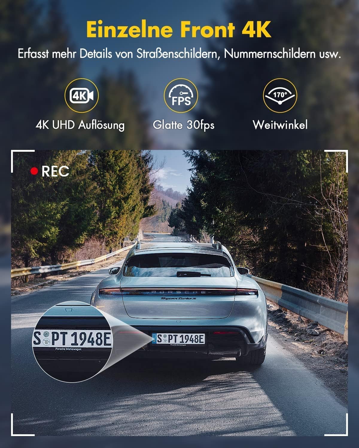 4K+1080P front and rear dash cam with 5GHz WiFi, 64GB SD card, parking monitoring, super night vision, WDR, 170° wide angle, G-sensor, loop recording, APP control, supports up to 256GB.