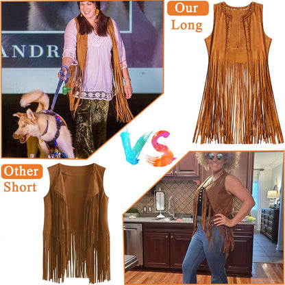 YADODO Hippie Costume Women Set Fringed Sleeveless Vest Hippie Clothing 60s 70s Vintage Outfit Girls Disco Costume Cowgirl Brown Vest Bolero Carnival Halloween Costumes Women M