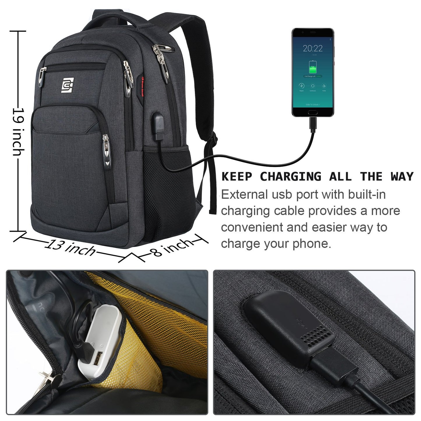 Marcello laptop backpacks with USB charging port for men and women for work school college school backpack for boys teenagers with laptop compartment & anti theft pocket (black, 15.6 inch)