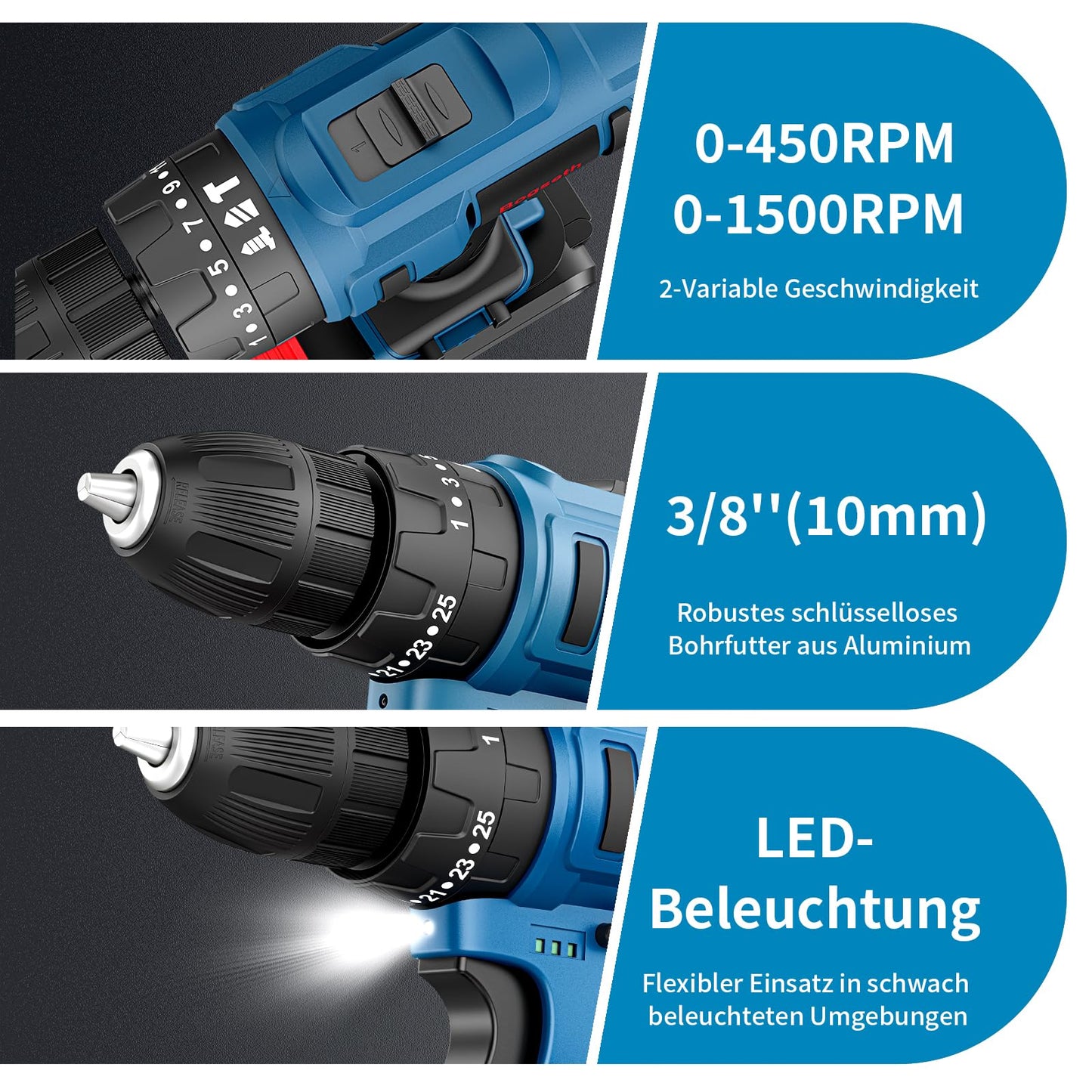 Bogseth 21V cordless drill set, with 112PCS tool kit, 45 N.m max torque, 2 x 2000mAh batteries, 2-speed, 25+3 torque settings, LED light, for home and garden DIY projects.