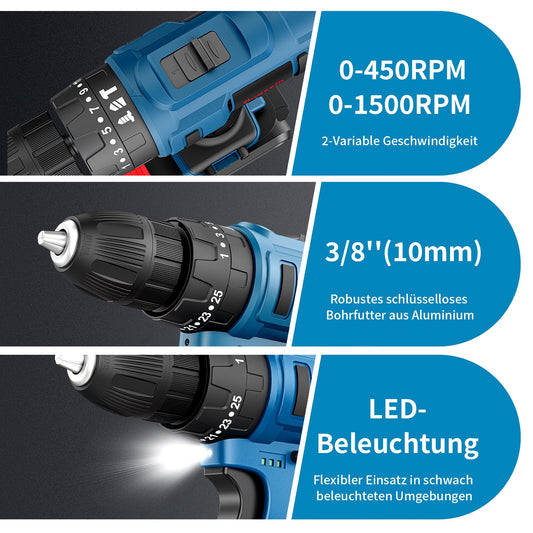 Bogseth 21V cordless drill set, with 112PCS tool kit, 45 N.m max torque, 2 x 2000mAh batteries, 2-speed, 25+3 torque settings, LED light, for home and garden DIY projects.
