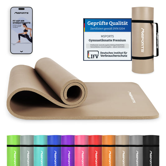 MSPORTS Gymnastics Mat Premium including carrying strap + exercise poster + workout app I Skin-friendly fitness mat 190 x 60 x 1.5 cm - Beige-Caramel - Phthalate-free yoga mat