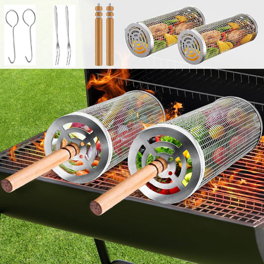 Rolling grill basket, stainless steel grill basket vegetable grilling accessory. 304 stainless steel with detachable wooden handles. Outdoor cooking camping outdoor kitchen grill rack (2 pieces).