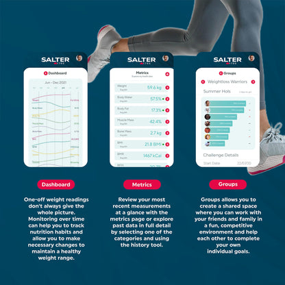 Salter SA00432FEU6 Bluetooth bathroom scale - body weight scale with max. capacity 200 kg, scale with 8-user memory, connect via Salter Health App to track health and fitness.