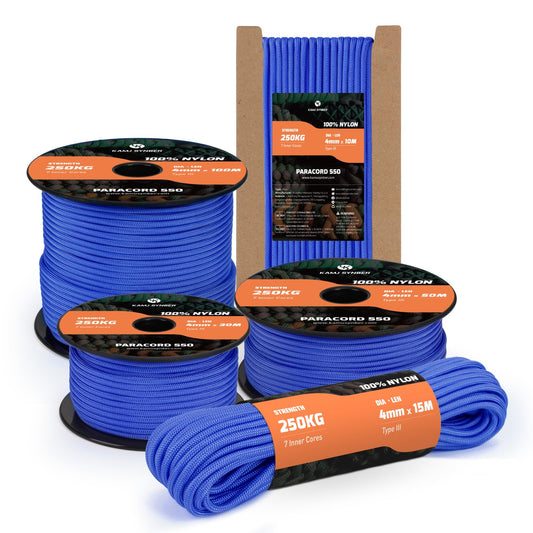 Kamu Synber 550 Paracord 4mm 100m Type III cord with 7 inner strands made of nylon. Ideal for crafting, outdoor activities, camping, and survival. It has a breaking strength of 250kg and comes in dark blue color.