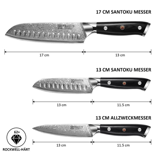 PAUDIN Damascus knife set, 3-piece knife set with ultra sharp Santoku knife kitchen knife made of 67 layers of Damascus steel with a Japanese VG10 steel core, ergonomic G10 handle.
