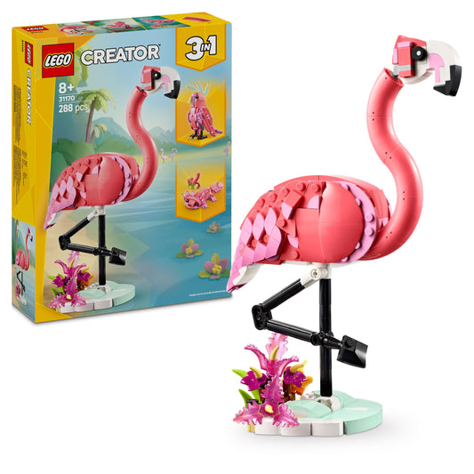 LEGO Creator 3in1 Wild Animals: Pink Flamingo - rebuild into a Cockatoo minifigure or an Axolotl - Creative toy - Birthday gift for girls and boys ages 8+ - 31170