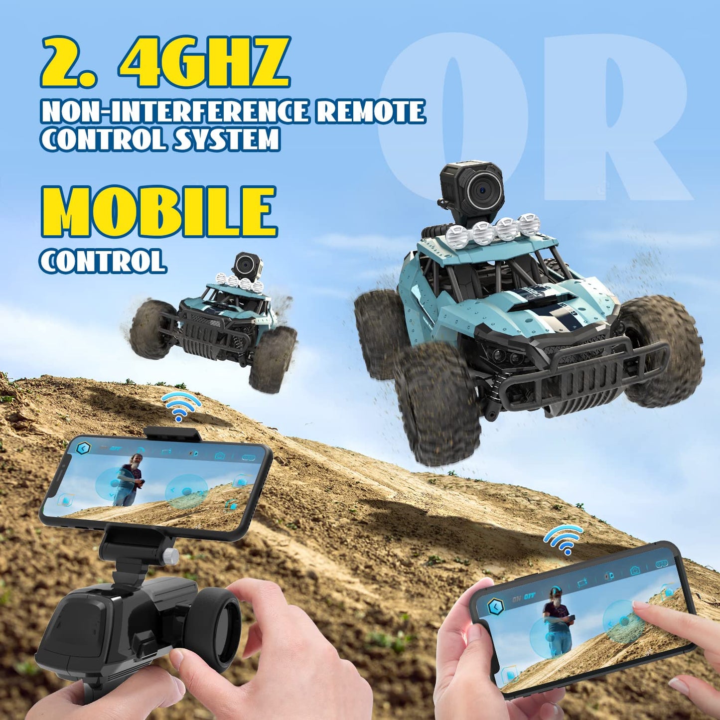 DEERC 1:16 RC Truck with 1080P Camera and WiFi Transmission, 2.4GHz remote control, 2 batteries for 60 minutes of playtime. Off-road Truggy for adults and kids.