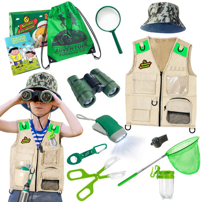 Outdoor Explorer & Bug Catcher Kit with kids vest, binoculars, magnifying glass, butterfly net, hat, and backpack, Adventurer Set gifts for 3-10 year old boys toy