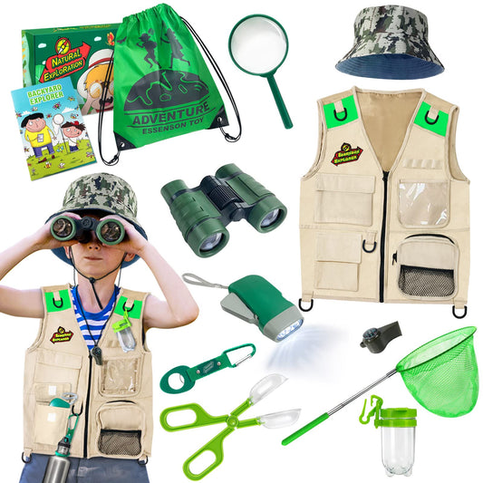 Outdoor Explorer & Bug Catcher Kit with kids vest, binoculars, magnifying glass, butterfly net, hat, and backpack, Adventurer Set gifts for 3-10 year old boys toy