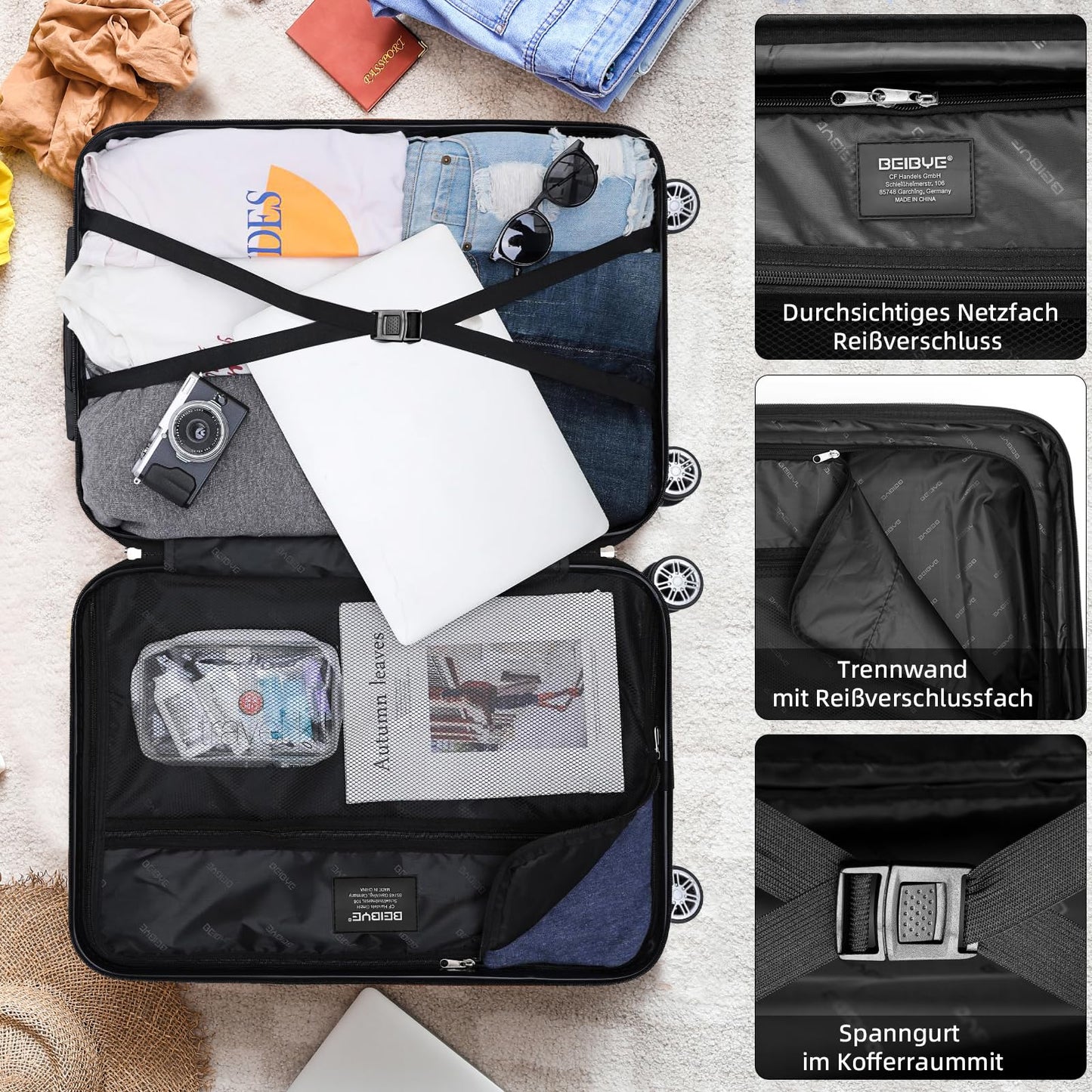 BEIBYE Twin Rolls 2048 Hard Shell Trolley Suitcase Travel Bag Luggage in M-L-XL Set (Coffee, XL)