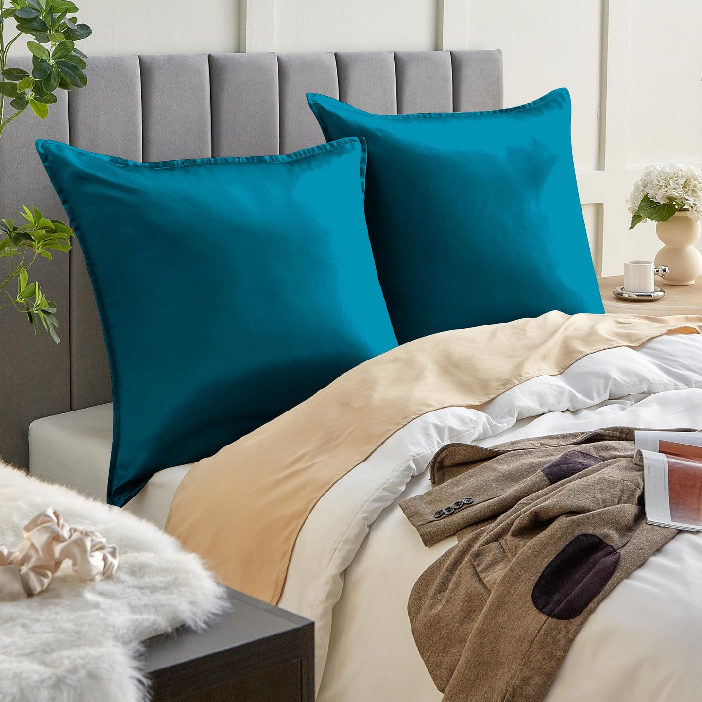 Be well satin pillowcase 65x65 2 pack, as soft as silk pillowcase, vegan silk pillowcase cover for hair and skin with 2 hair ties, blue-green.