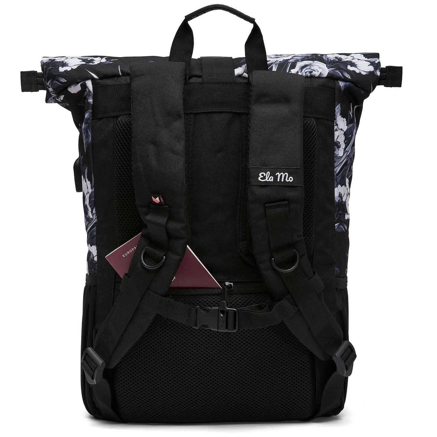 Ela Mo Women's Backpack - Rolltop design with laptop compartment - Anti-theft bag for school, college, business (Nightrose)