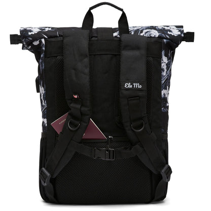 Ela Mo Women's Backpack - Rolltop design with laptop compartment - Anti-theft bag for school, college, business (Nightrose)
