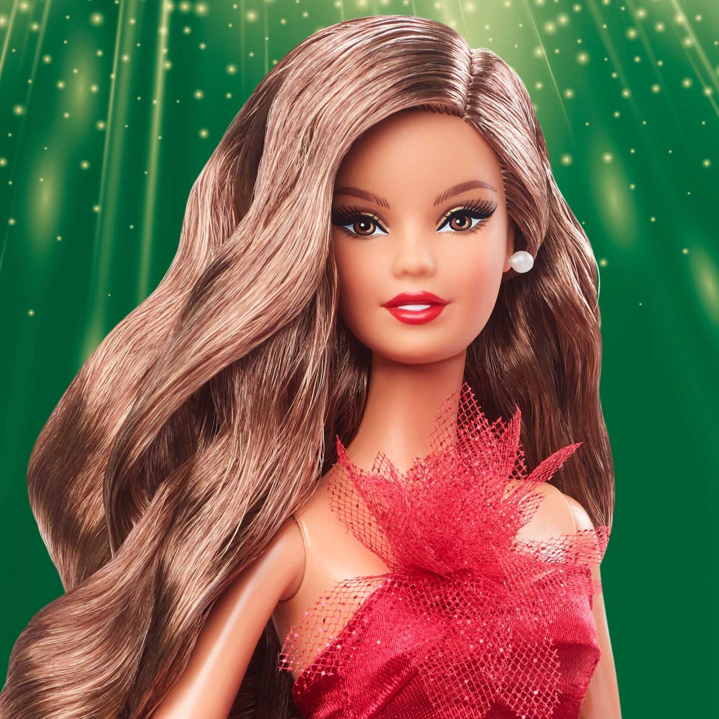 Barbie HBY05 Signature 2022 Holiday Doll (light brown wavy hair) with doll stand, collectible figurine, gift for kids ages 6 and up