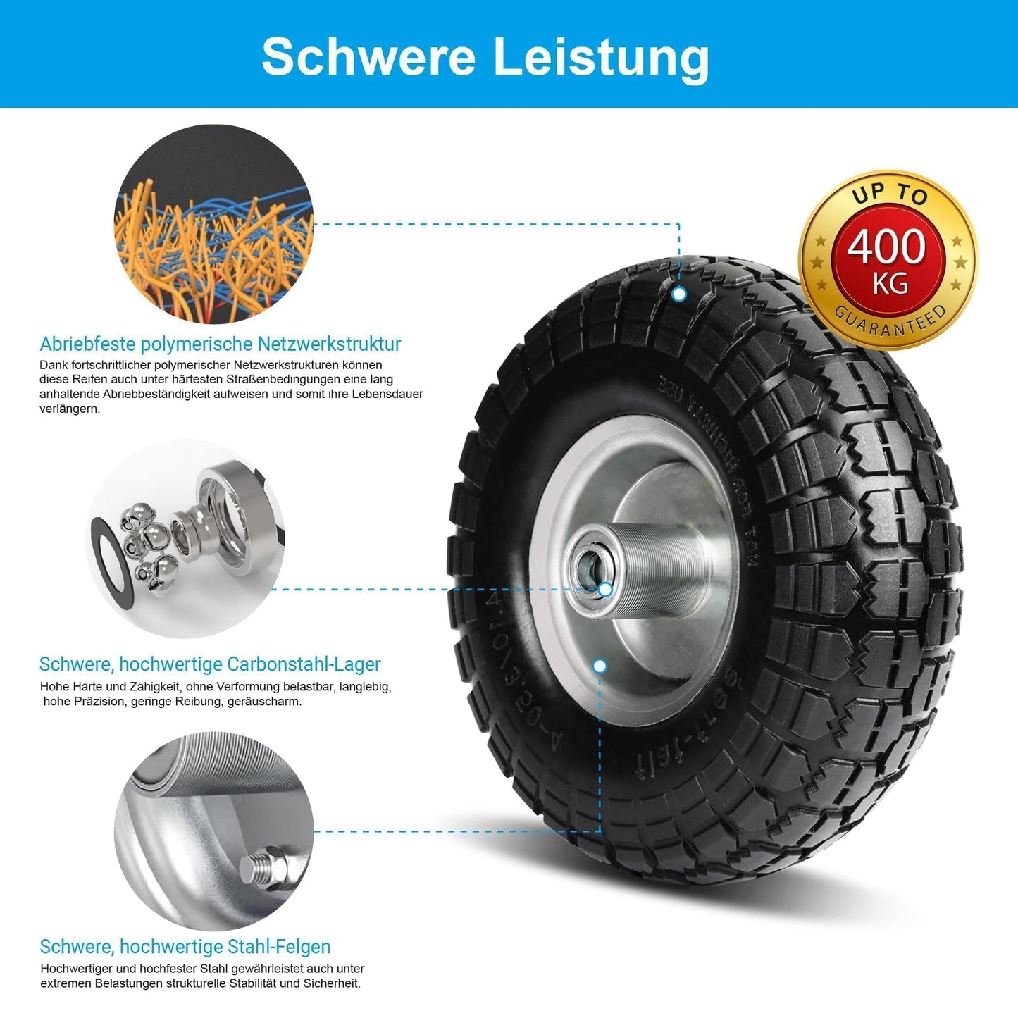 4 pieces of hand truck wheelbarrow wheels with solid rubber tires - solid rubber tires 4.10 3.50-4, wagon replacement wheels 260 x 85 mm, wheel axle 16mm