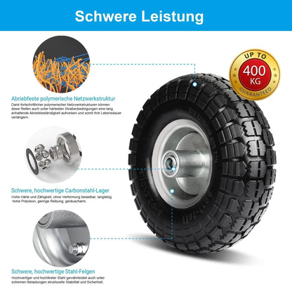 4 pieces of hand truck wheelbarrow wheels with solid rubber tires - solid rubber tires 4.10 3.50-4, wagon replacement wheels 260 x 85 mm, wheel axle 16mm