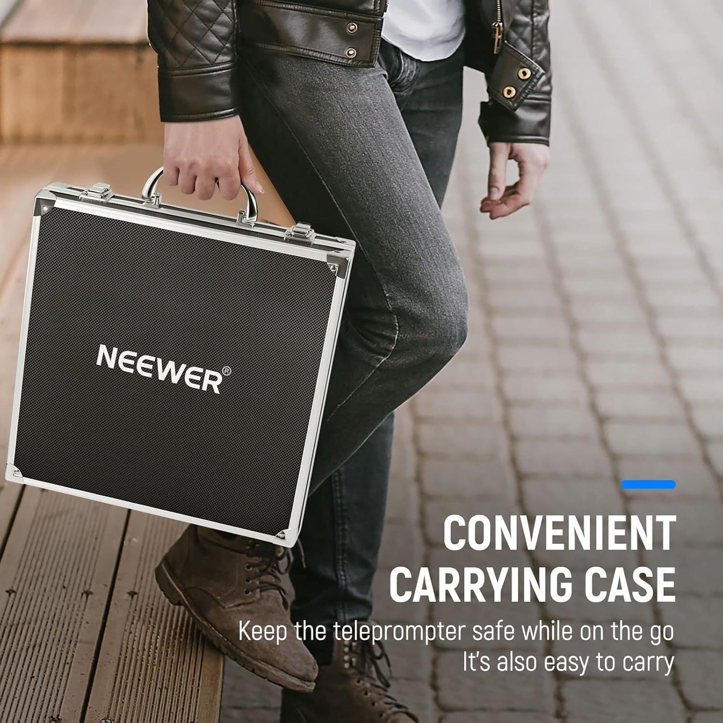 NEEWER X12 Teleprompter made of aluminum alloy with RT-110 remote control and app control, compatible with iPad, iOS/Android tablet, smartphone, DSLR camera, complete metal construction with carrying case.