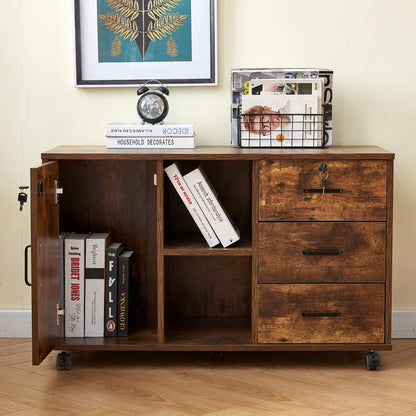 OFCASA Mobile File Cabinet with 3 drawers, lockable office rolling cabinet with wheels, 1 door, 2 shelves, 2 locks, industrial wood storage cabinet for home office, 90 x 40 x 55 cm