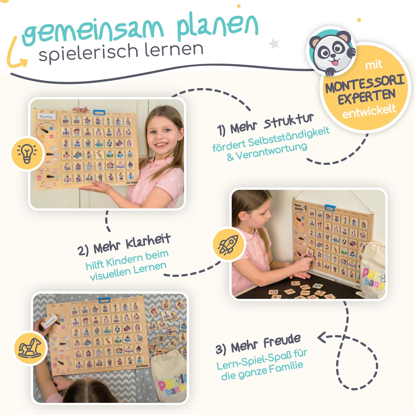 PANDABANDE® Premium Weekly Planner Kids [Emotions, Weather, Months] - 100% FSC®-certified wooden toy - Ideal weekly schedule for children, daily planner, routine planner, kids calendar