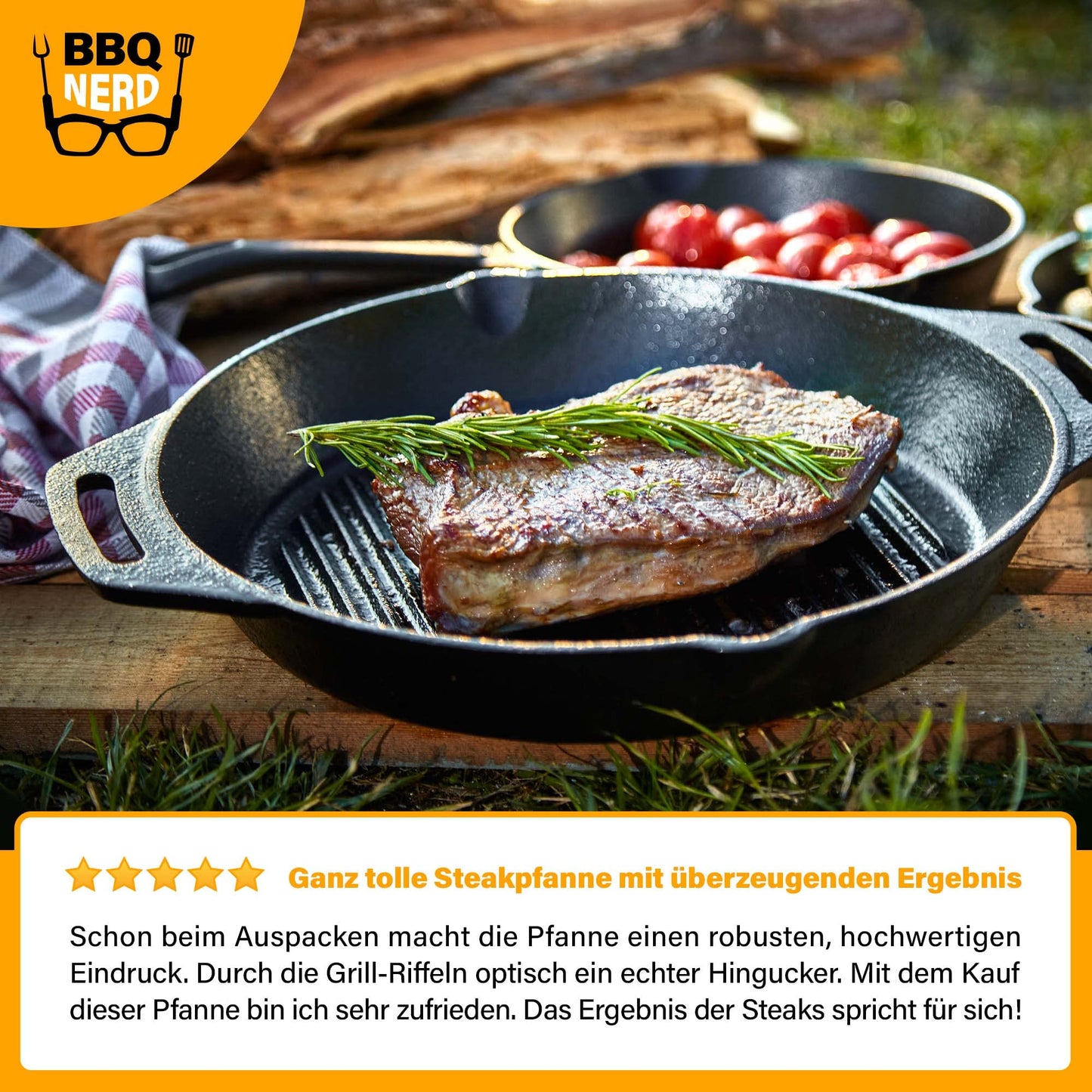 BBQ Nerd Cast Iron Grill Pan - with ridged bottom for beautiful grill marks - Steak Pan Ø 35 cm 4550g with spout and handle - Non-stick pan Skillet Outdoor Pan