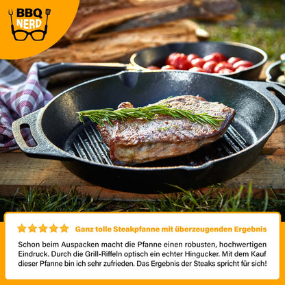 BBQ Nerd Cast Iron Grill Pan - with ridged bottom for beautiful grill marks - Steak Pan Ø 35 cm 4550g with spout and handle - Non-stick pan Skillet Outdoor Pan