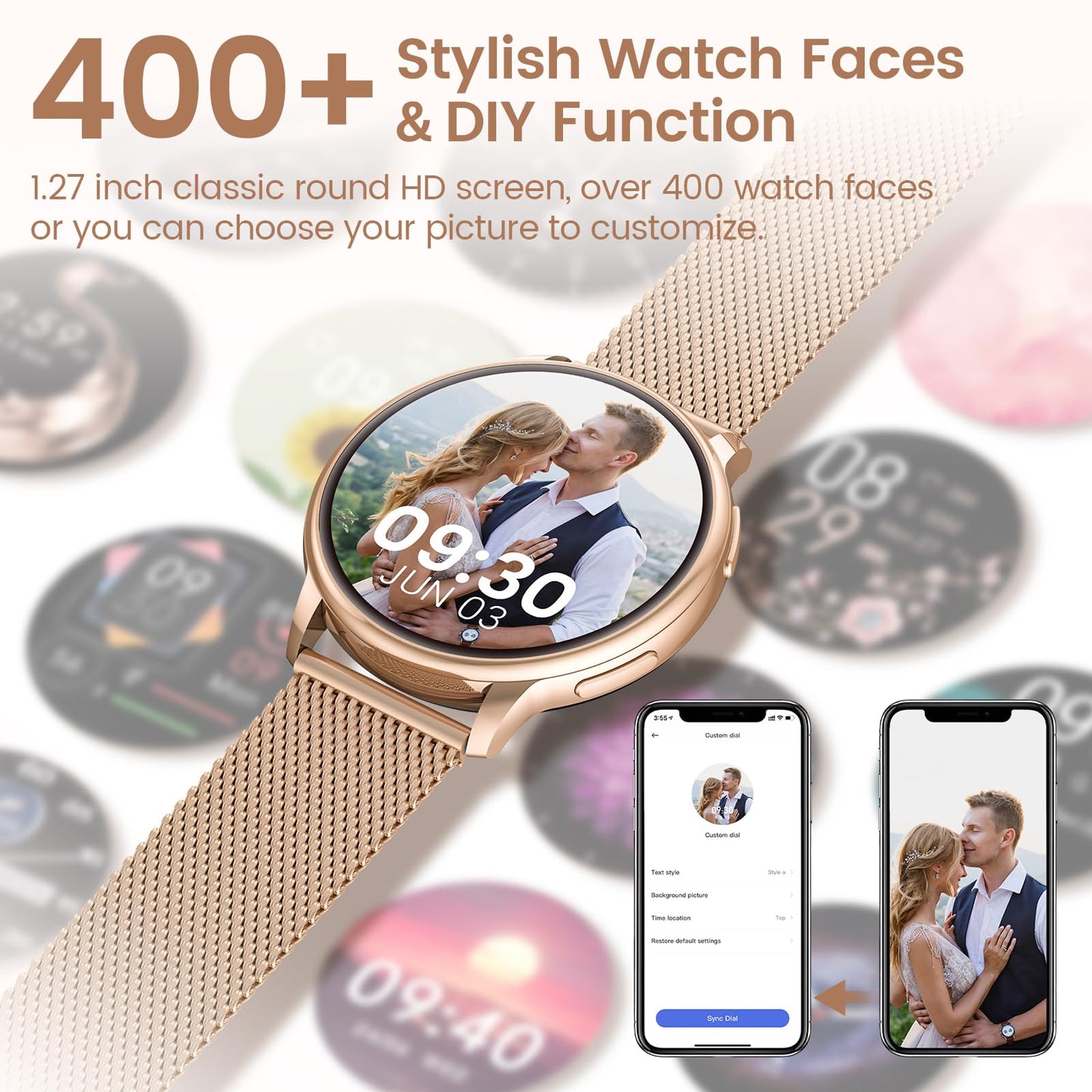 RUXINGX Women's Smartwatch with phone function 1.32" HD Full Touch Screen, watch with SpO2 heart rate monitor menstrual cycle sleep monitor step counter calories fitness tracker IP68 iOS Android Rose Gold